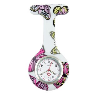 Montre silicone pour infirmière motifs « Papillons » – Blanc